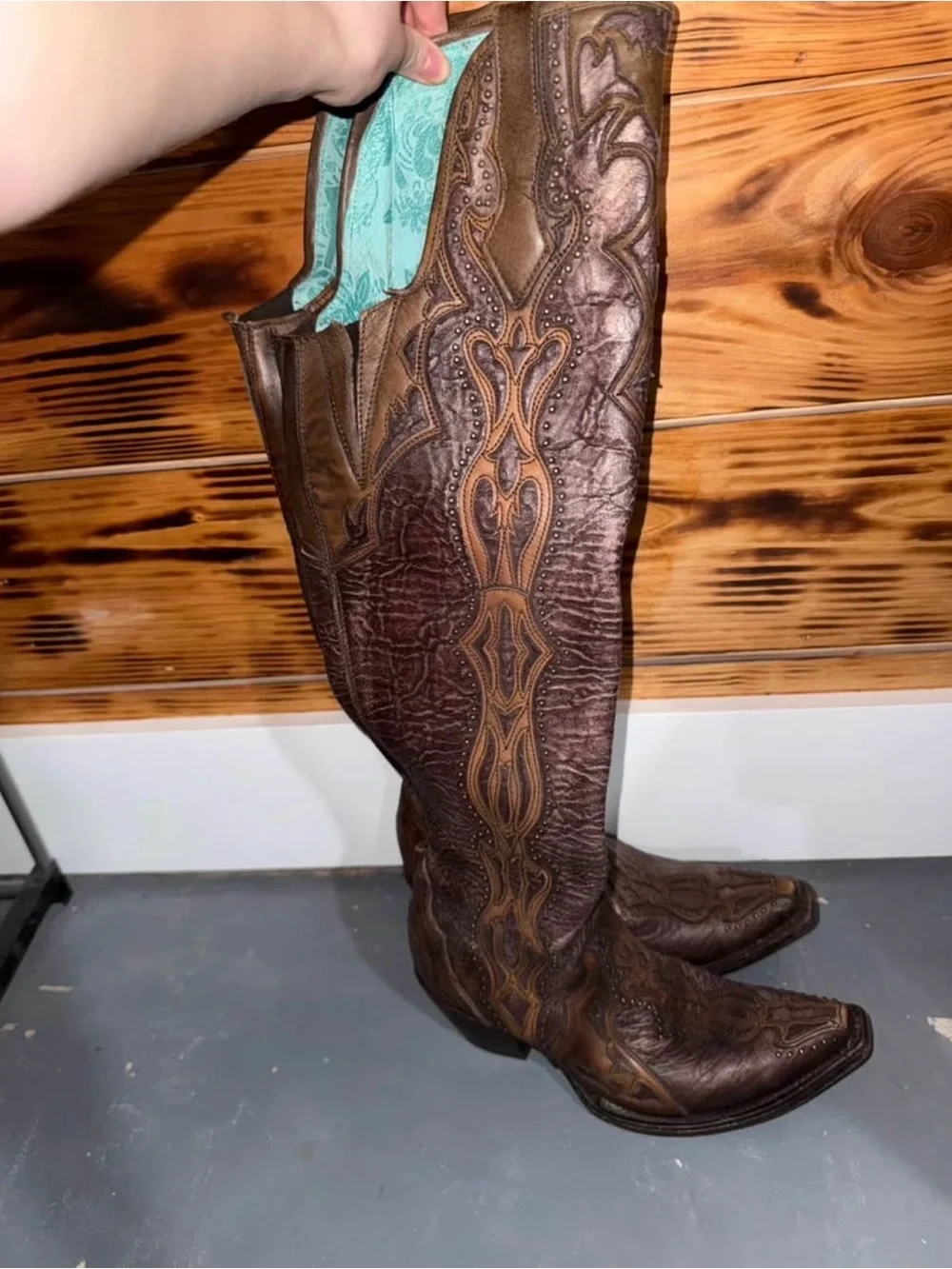 Over-the-Knee Western Embroidered Leather Boots - Brown